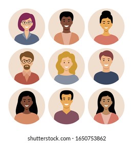 Set of round flat icons with people. Different nationalities. 
European, Asian, African American