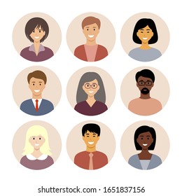 Set of round flat icons with people. Different nationalities. 
European, Asian, African American. Vector illustration.