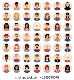 Set of round flat icons with people. Different nationalities. 
European, Asian, African American. Vector illustration.