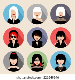 Set of round flat icons with women. vector 