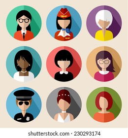 Set of round flat icons with women. Vector