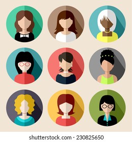 Set Of Round Flat Icons With Women. Vector