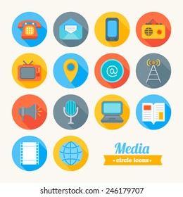 Set Of Round Flat Media Icons. Phone, Letter, Mobile, Radio, TV Set, Mark, Mail, Tower, Loudspeaker, Microphone, Laptop, Newspaper, Movie, Internet. Perfect For Web Pages, Mobile Applications