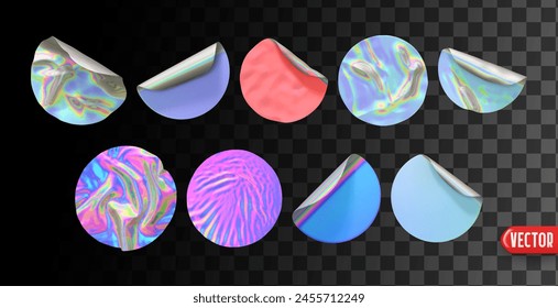 Set of round flat paper stickers hologram gradient color. Realistic design round sticker wrap label template isolated background. Collection mockup price tag sale. Vector illustration