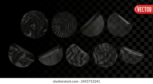 Set of round flat stickers transparent effect of plastic and polyethylene film. Realistic design round sticker label template isolated background. Collection mockup price tag sale. Vector illustration