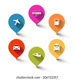 Set of round flat transport pointers - car, bus, train, plane, gas station with a long shadow effect