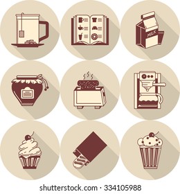 Set of round flat vector icons with brown contour products and appliances. Toaster and coffee maker, milk and bakery. Design elements for business and website.