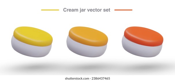 Set of round flat white jars with lids of different colors. Containers for cream, gel, ointment, balm. Advertising templates for cosmetics, medical preparations. 3D vector