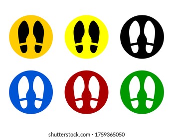 Set of Round Floor Marking Adhesive Sticker Icons with Different Colors and Shoeprints or Footprints for Queue Line or Other Purposes Requiring Social Distancing. Vector Image.