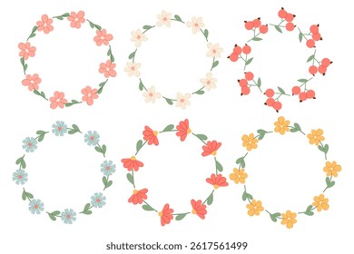 Set round floral borders for design and decoration. Cute flower frames.  For invitations, packaging, spring or summer cards.