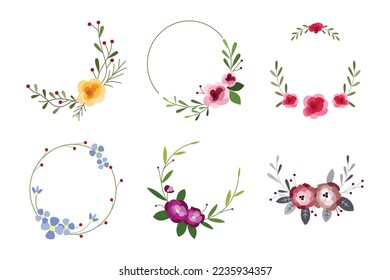 Conjunto de armazones florales redondos para un diseño romántico. Ilustración del espacio de la corona de flores en estilo vintage para invitación a boda, postal, afiche y adorno