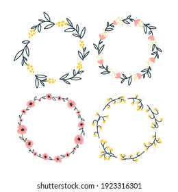 Set of round floral frame templates with cute wildflowers. Simple cartoon hand-drawn style. Pretty ditsy Scandinavian doodle. Vector isolated on a white background. Spring illustration.