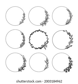 Set of round floral frames. Vintage laurel wreaths. Plants wreaths with leaves, branches, berries. Decorative doodle elements for design. Vector illustration  isolated on white background