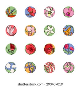 Set with round floral icons. Colored, black contour. Tropic, cultivate, wild flowers.
