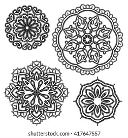 Set of Round floral lace ornaments - black on white background. Elements for holiday card, wedding invitation, vintage style design.