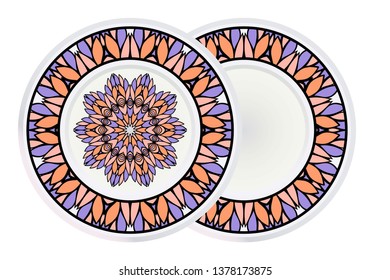 Set of Round Floral Mandala Ornament and frame. Vector Illustration. Isolated. Oriental Design Layout.