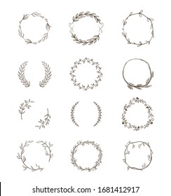 Set round floral wreaths. Vector Illustration in hand drawn style isolated on white background.