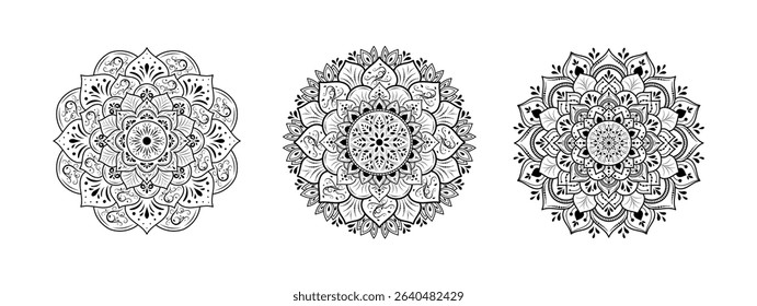 Set of round flower mandalas isolated on white background