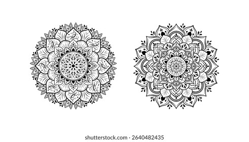 Set of round flower mandalas isolated on white background