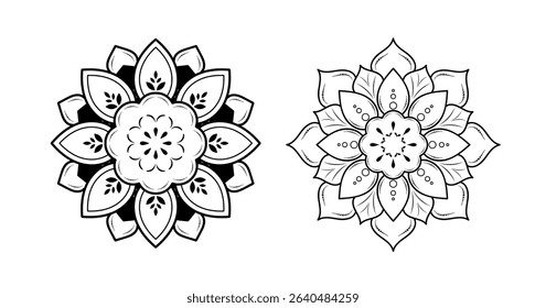 Set of round flower mandalas isolated on white background