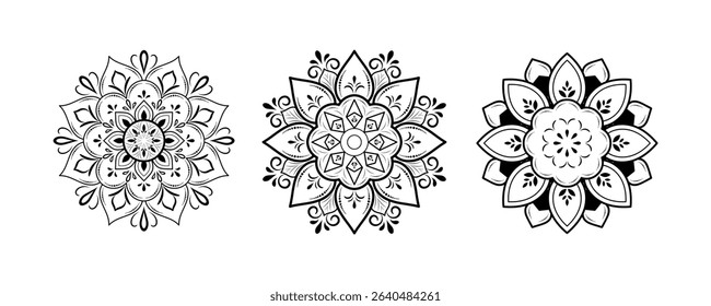 Set of round flower mandalas isolated on white background