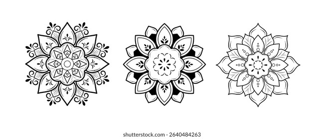 Set of round flower mandalas isolated on white background