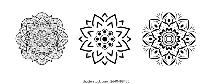 Set of round flower mandalas isolated on white background