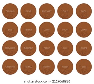 Set of round food labels, stickers. Spices labels with different names. For labeling kitchen containers and foodstuffs. Homemade craft stickers, vector