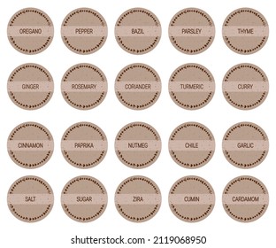 Set of round food labels, stickers. Spices labels with different names. For labeling kitchen containers and foodstuffs. Homemade stickers, floral frame. Vector