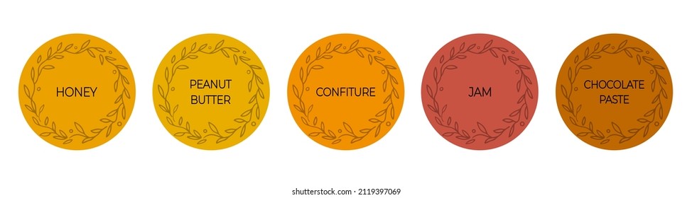Set of round food labels, stickers. Honey, peanut butter, confiture, jam, chocolate paste. For labeling kitchen containers and foodstuffs. Vector colored homemade stickers, floral frame