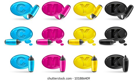 Set of round four color speech bubbles end felt tip pens on white, vector illustration