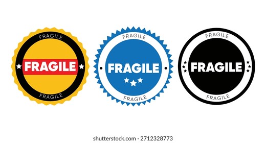 Conjunto de etiquetas y pegatinas de advertencia frágiles redondas - Insignias de envío de Vector con bordes dentados en amarillo, azul y negro para el diseño de embalaje y logística
