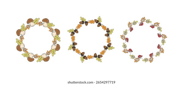 Definir quadro redondo, faixa de outono. Coroa com folhas de carvalho, bolotas, cogumelos, folha de rowan, bagas. Queda de folhas. Mão desenhada, rabiscar, desenhar. Fundo botânico natural, inserir texto.