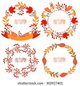 Set round frame of autumn leaves. Autumn, leaves, wreaths, ribbon. Vector illustration