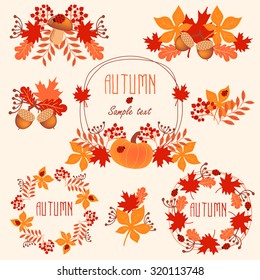 set round frame of autumn leaves. Autumn set, wreaths. Vector illustration