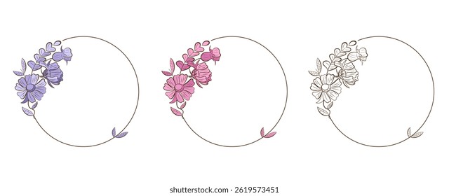 Set, round frame with flowers and leaves. Graphics and color, wedding invitations and cards, packaging. Elegant floral arrangements in minimalist style in vector