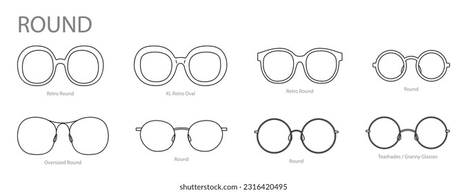 Set von Round-Frame-Brillen Mode-Accessoires Illustration. Sonnenbrillenfront für Männer, Frauen, unisex-Silhouette-Stil, flache Felgenbrille mit Brille im Stil einer Linsenskizze einzeln auf Weiß