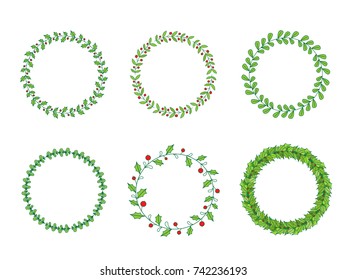set round frame with green leaves, branches and red berries. vector design elements 