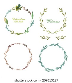 Set of round frame made of various leaves in watercolor. Hand-painted design elements. Floral motifs