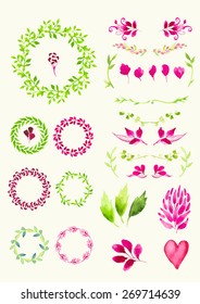 Set of round frame made of various leaves in watercolor. Hand-painted design elements. Floral motifs. Green and pink set