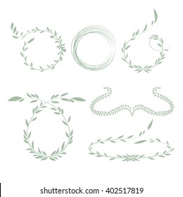 Set of round frame made of various leaves. Floral motifs. Hand drawn vintage vector.