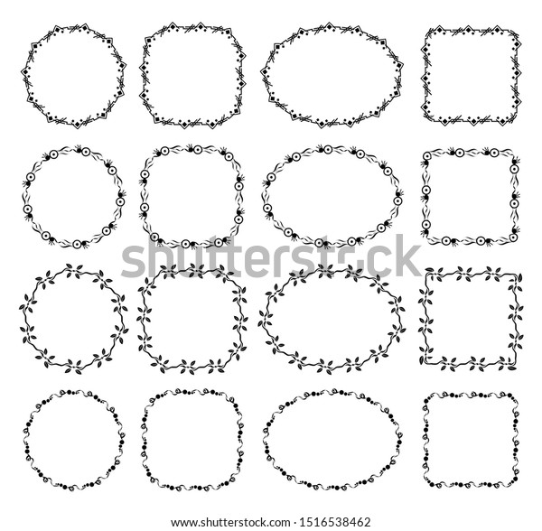 set\
of round frame motifs with different shapes, floral frames, frame\
shapes with black isolated white background\
patterns.