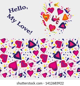 Set of round frame and pattern hand drawn with different hearts, flowers, elements of decor. Text Hello, My Love! Vector illustration in scandinavian style for textile, wrapping paper.White background