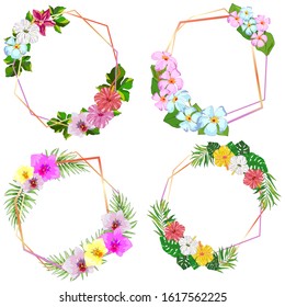 set of round frame with tropical flowers and leaves, background for greetings, wrapping paper, bright print for clothes