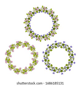 Set of round frame wreaths with blue violet and apple flowers, vector illustration