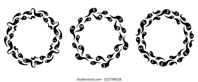 Set of round frames from black silhouettes of ghosts. The object is separate from the background. Halloween decorations with spirits. Vector template for invitation, greeting cards and your design.