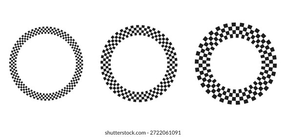 Conjunto de marcos redondos con patrón de tablero de ajedrez en blanco y negro. Fronteras circulares con diseños de banderas de carreras o tableros de ajedrez. Ilustración vectorial, aislado en el fondo blanco.