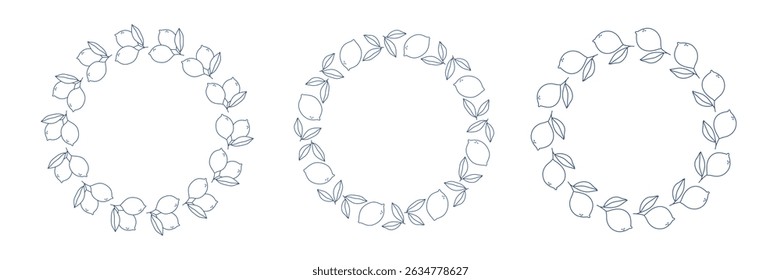 Set of round frames with blue lemons. Hand drawn outline lemons and leaves. Design elements for print, wedding invitation, logo design and cards. Isolated vector illustration