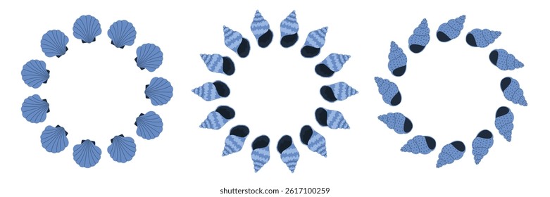 Set of round frames with blue seashells. Design elements for print, sticker, greeting card and invitation. Isolated vector illustration