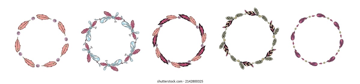 Set of round frames with a boho arrows with different tips and plumage. Vector doodle element for invitations, cards and your creativity
